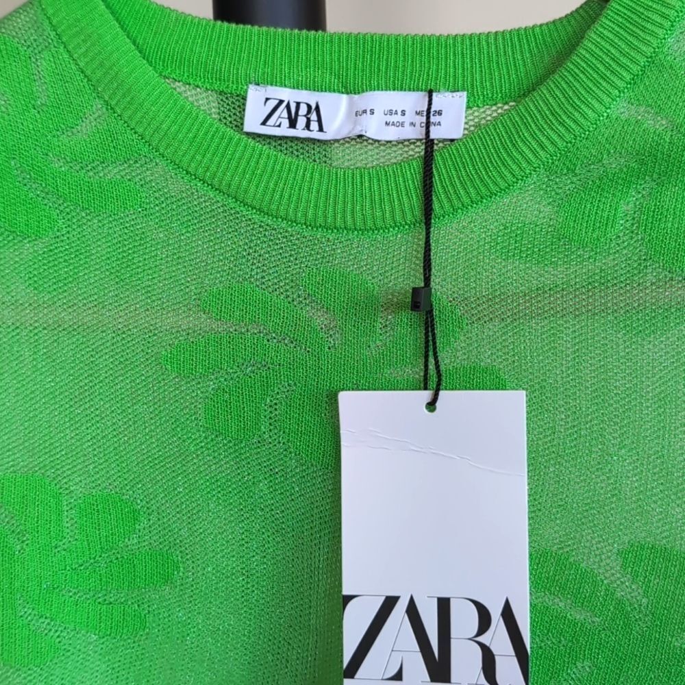 ZARA Mesh Floral Knit Metallic Effect Long Sleeve Neon Green 💚 Top NWT - Picture 3 of 11